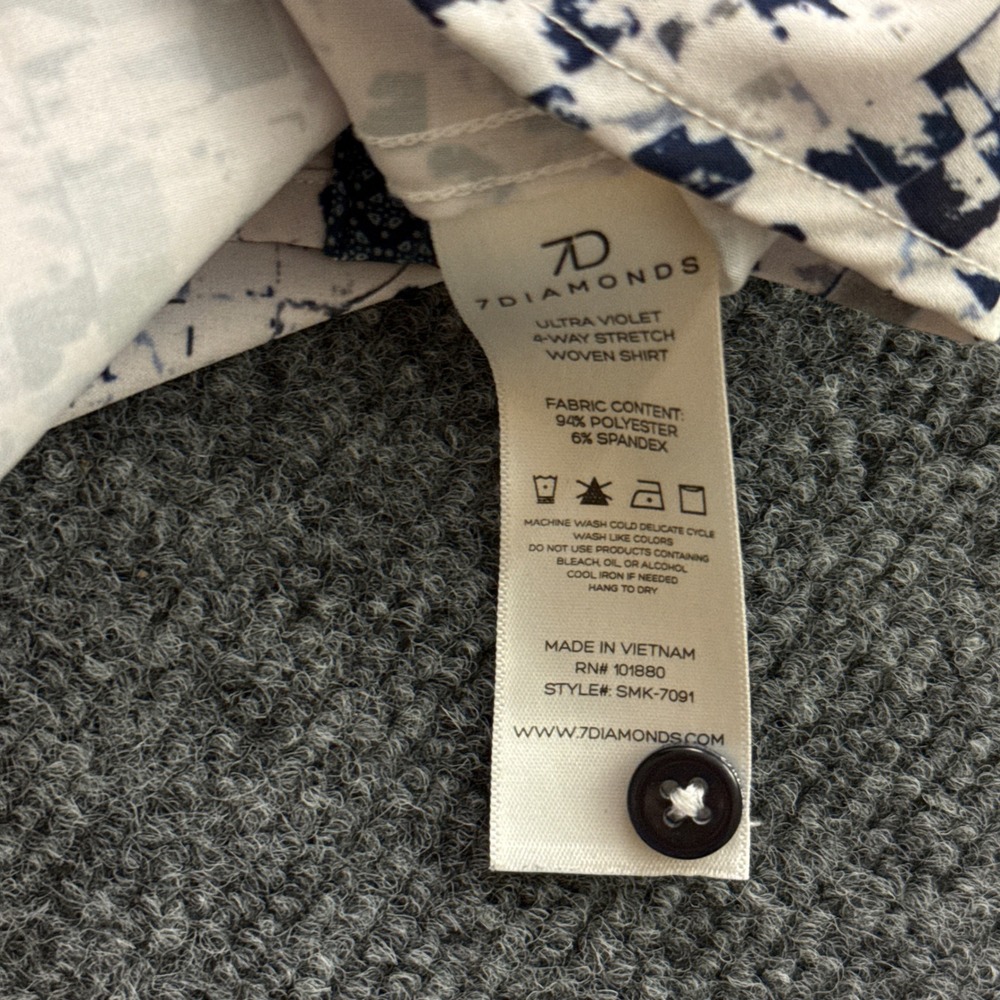 7Diamonds Button Down Mens L White Blue Geo 4-Way Stretch Short Sleeve Shirt - Picture 5 of 12